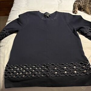 Ann Taylor Navy Blue Knit Top with Ladder Lace Trim